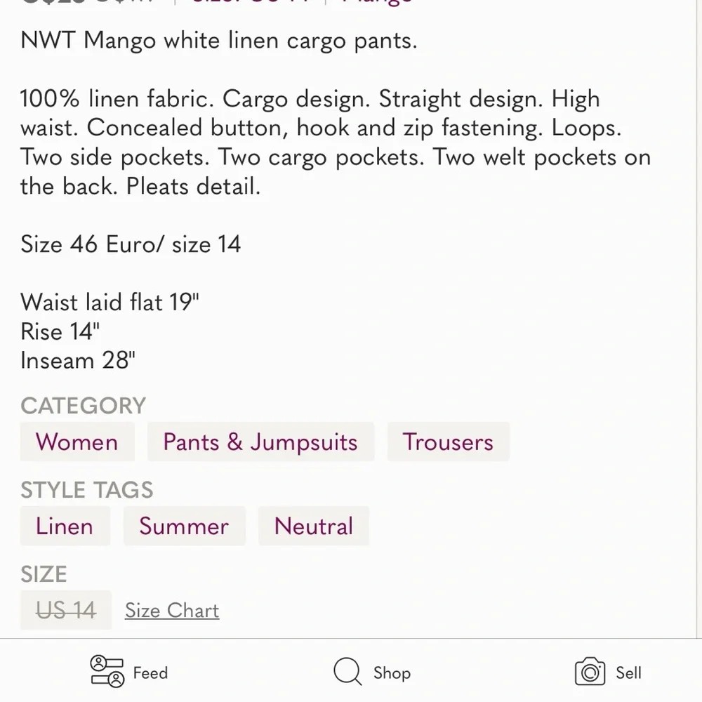 NWT Mango White Linen Straight Leg High Waist Cargo Pants Size 14 - Picture 14 of 14